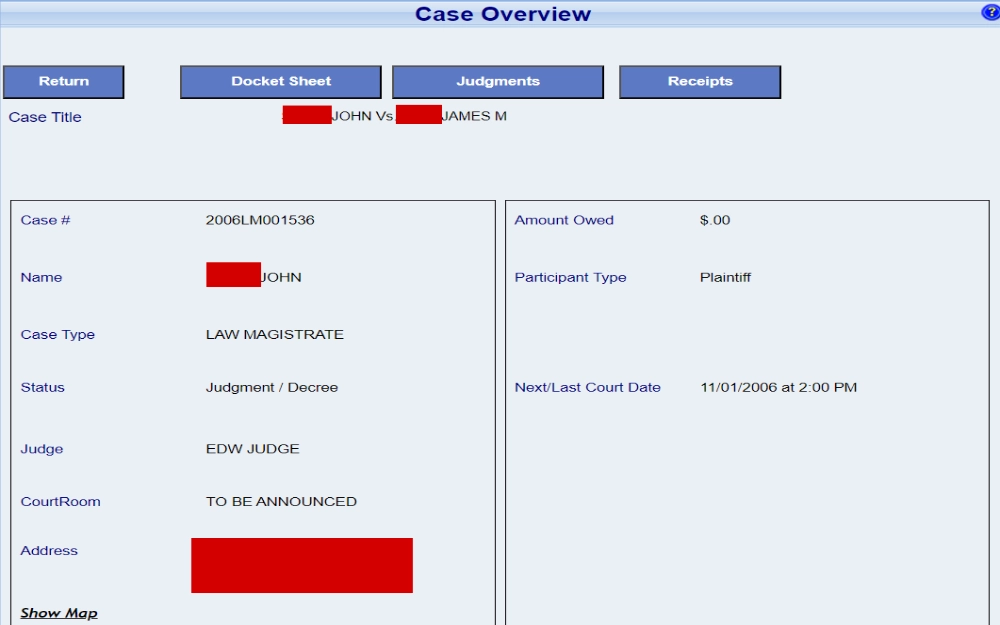 A screenshot of the case details from the Madison County Circuit Court Clerk page displays the case title, case no., type, status, judge, courtroom, address, amount owed, participant type and next court date.