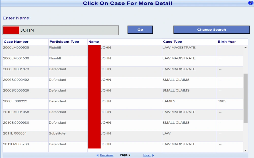A screenshot of the list of cases from the Madison County Circuit Court Clerk website includes case no., participant type, name, case type and birth year.
