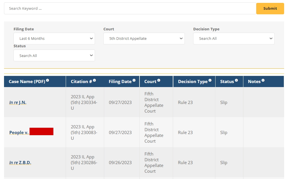 A screenshot of the list of cases from the Illinois Courts page displays information such as case name, citation, filing date, court, decision type, status, notes and sort options.