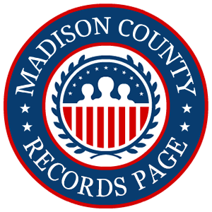 A round, red, white, and blue logo with the words 'Madison County Records Page' in relation to the state of Illinois.