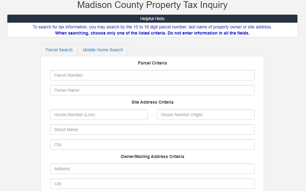 A screenshot of the Property Tax Inquiry on the Madison County Clerk's Office website displays the options to search, such as parcel criteria, site address criteria and owner/mailing address criteria.