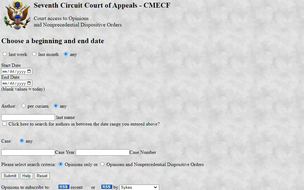 A screenshot on the Seventh Circuit Court of Appeals website shows the case search page, which requires one to select the beginning and end date and input the author, case year and number to access Opinions and Nonprecedential Dispositive Orders. 