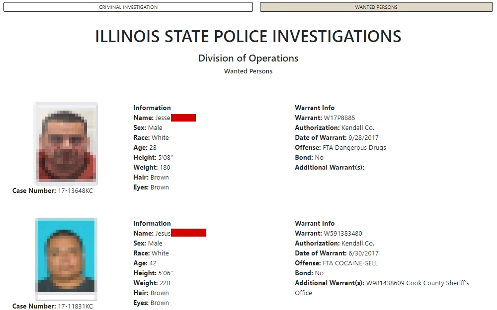 A screenshot of the list of wanted individuals in Illinois, including their mugshots, full name, sex, race, age, physical attributes and warrant information. 