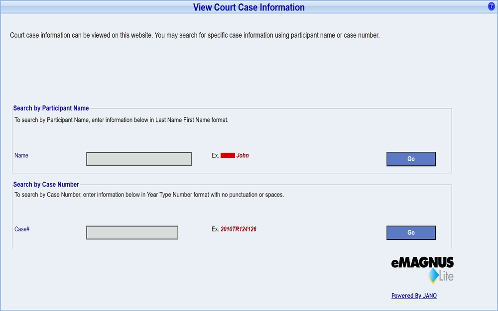 A screenshot of a court case information portal, providing two search options, one by participant name with an example format given, and the other by case number with a typographical format example, along with instructional text on how to use the search functions, all under the heading "View Court Case Information".