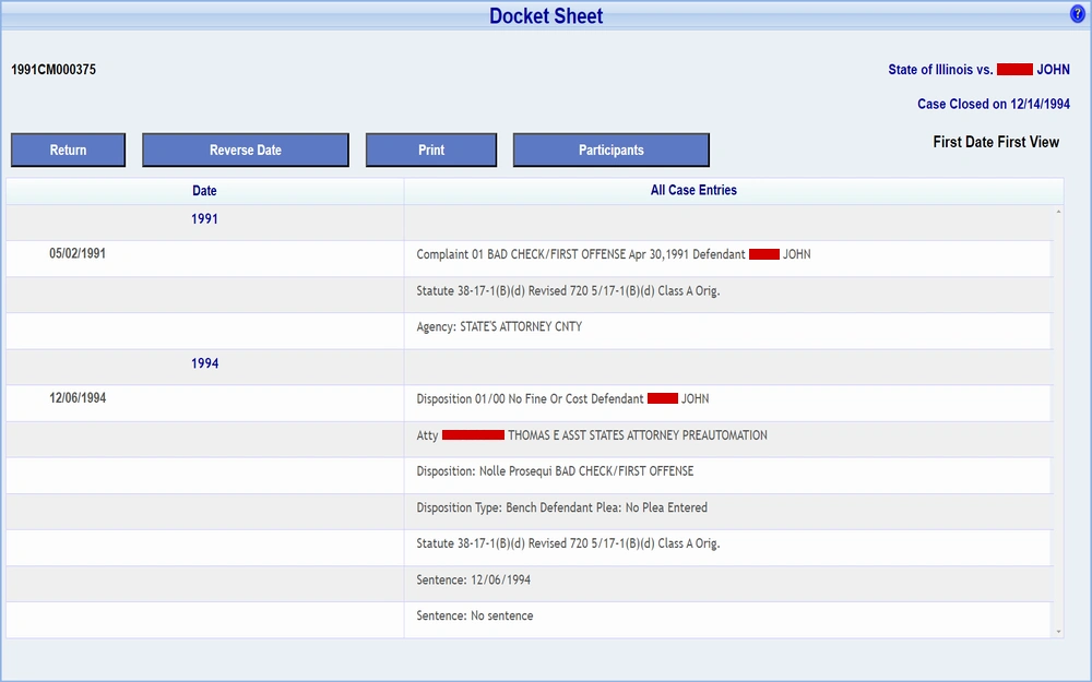 A screenshot of a legal docket sheet from a state court, showing entries for a specific case including dates, complaint details, statute information, attorney assignment, disposition, and the final outcome of the case, with navigational buttons for returning to previous screens, reversing the date order, printing, and viewing participants or all case entries.