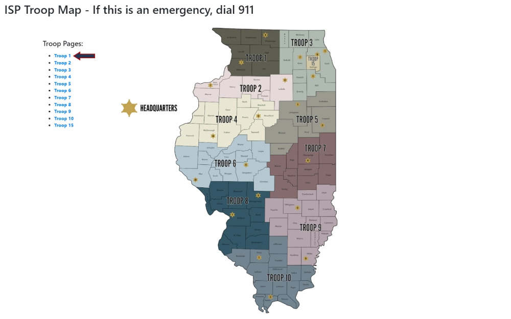 A graphic representation of a state's police troop map, delineating different regions each labeled with a troop number and the location of the headquarters, accompanied by a sidebar listing the troop numbers with corresponding links, and a reminder at the top that for emergencies one should dial 911.