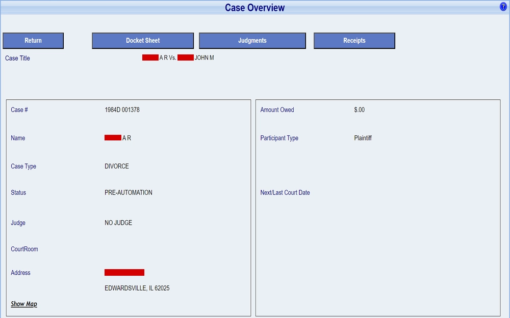 A screenshot from the Madison County Circuit Clerk's Office's search tool detailing a sample case overview with the following information: case title, case number, names of the parties involved, the type of case (divorce), and the status (pre-automation), with no assigned judge or courtroom details filled in and a zero balance in the amount owed.