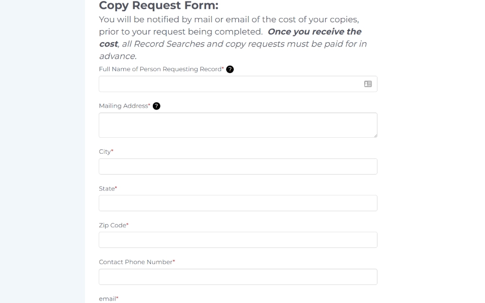 A screenshot of a Copy Request Form from the Madison County Circuit Clerk's Office detailing full name, mailing address, and contact information, with a note informing them they will be notified of the copying costs, which must be paid in advance.