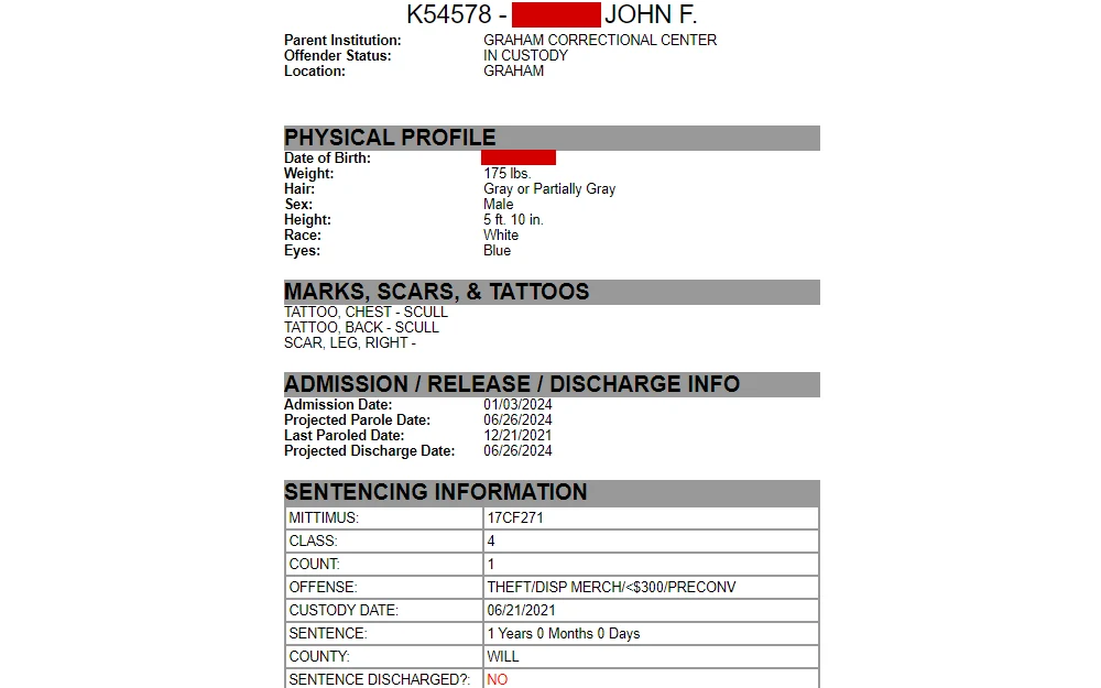 Screenshot of the case information of an individual in custody from Illinois Department of Corrections, showing the name, inmate number, physical profile section, marks, scars, and tattoos section, admission, release, and discharge information section, and the sentencing information.