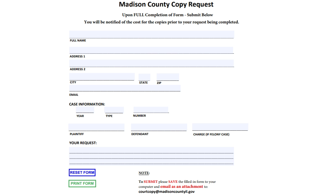 A case copy request form from Madison County Circuit Clerk's Office with spaces provided for requester information including name, address, and email; case information with the year, type, number, plaintiff, defendant, and charge; and the request description.