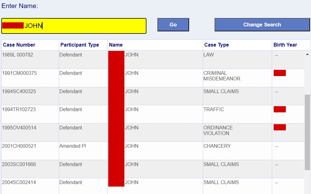 A screenshot from the court records search of Madison County Circuit Clerk, displaying the list of results including the case number, participant type, name, case type, and birth year.