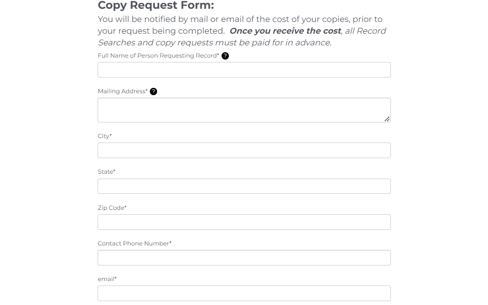 A screenshot displaying the first part of the online copy request form from Madison County Circuit Clerk's Office with a short reminder about the fees and payment before the fields for full name, mailing address, and contact information.