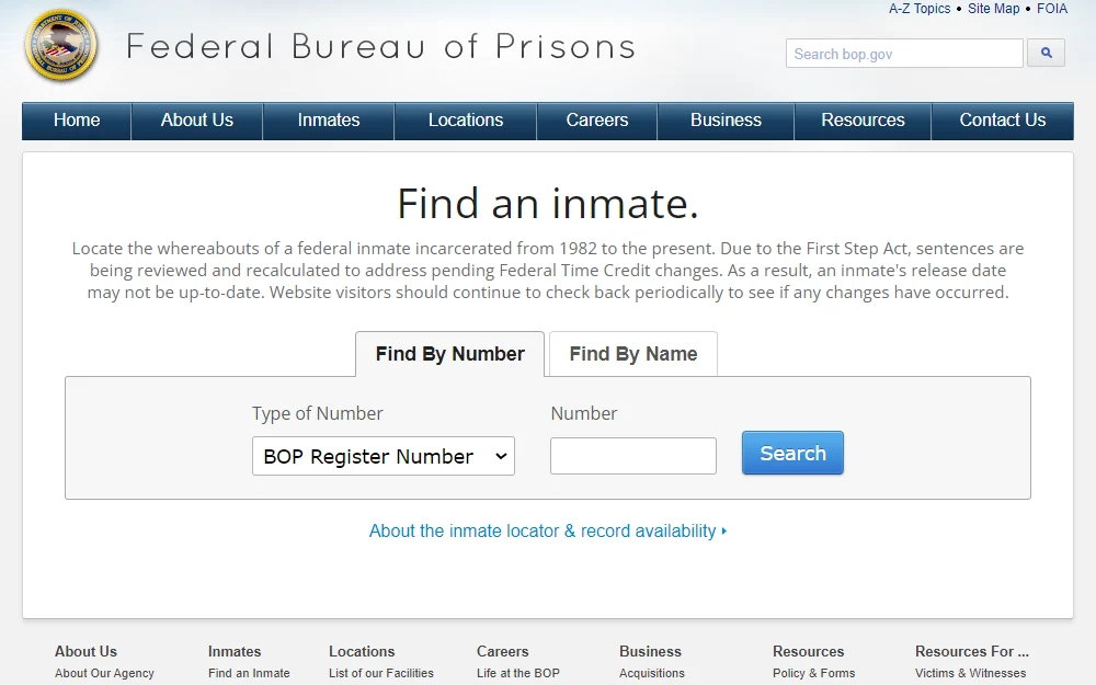 A screenshot shows the Federal Bureau of Prisons website's inmate locator page, featuring a search form to find inmates by number or name.