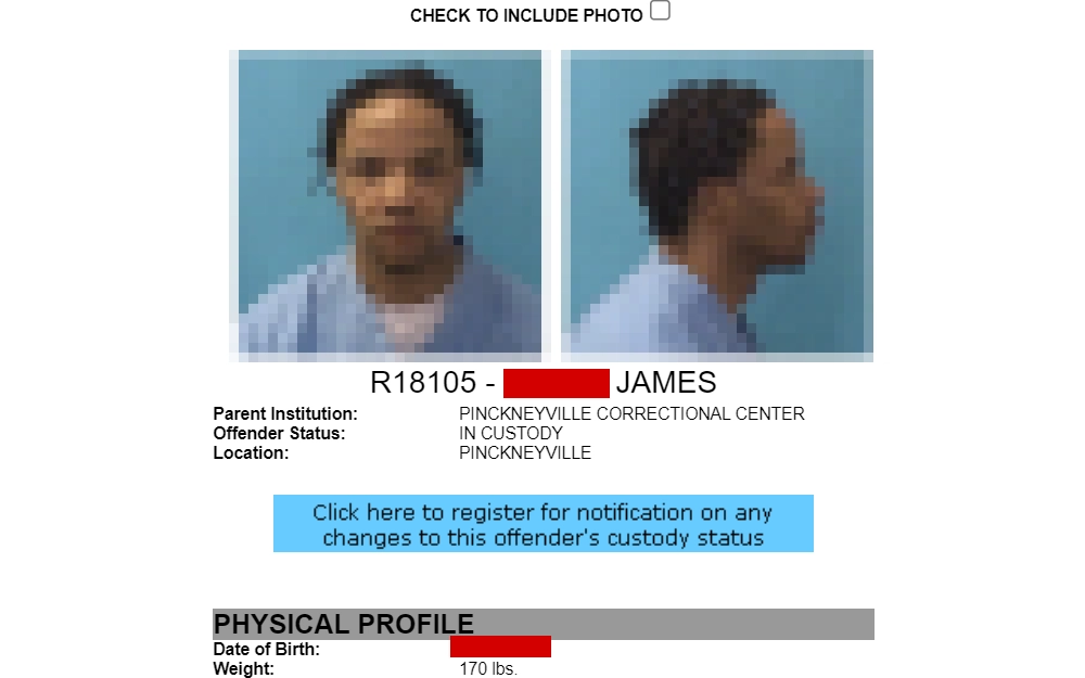 A screenshot from the Illinois Department of Corrections page displays an offender profile including front and side photo, personal information, custody status, and a partial physical profile with birth date and weight.